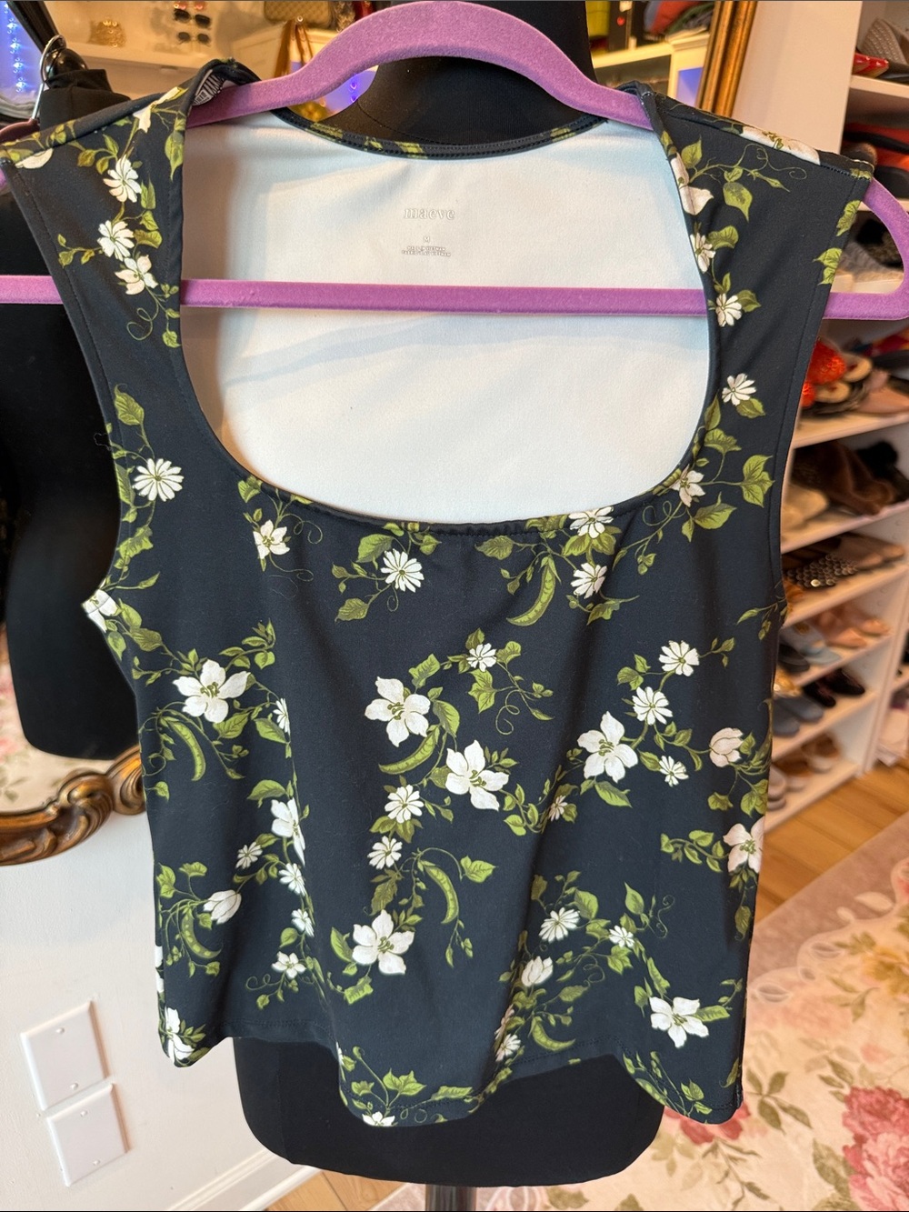 Maeve Black Floral Scoop Neck Tank Top